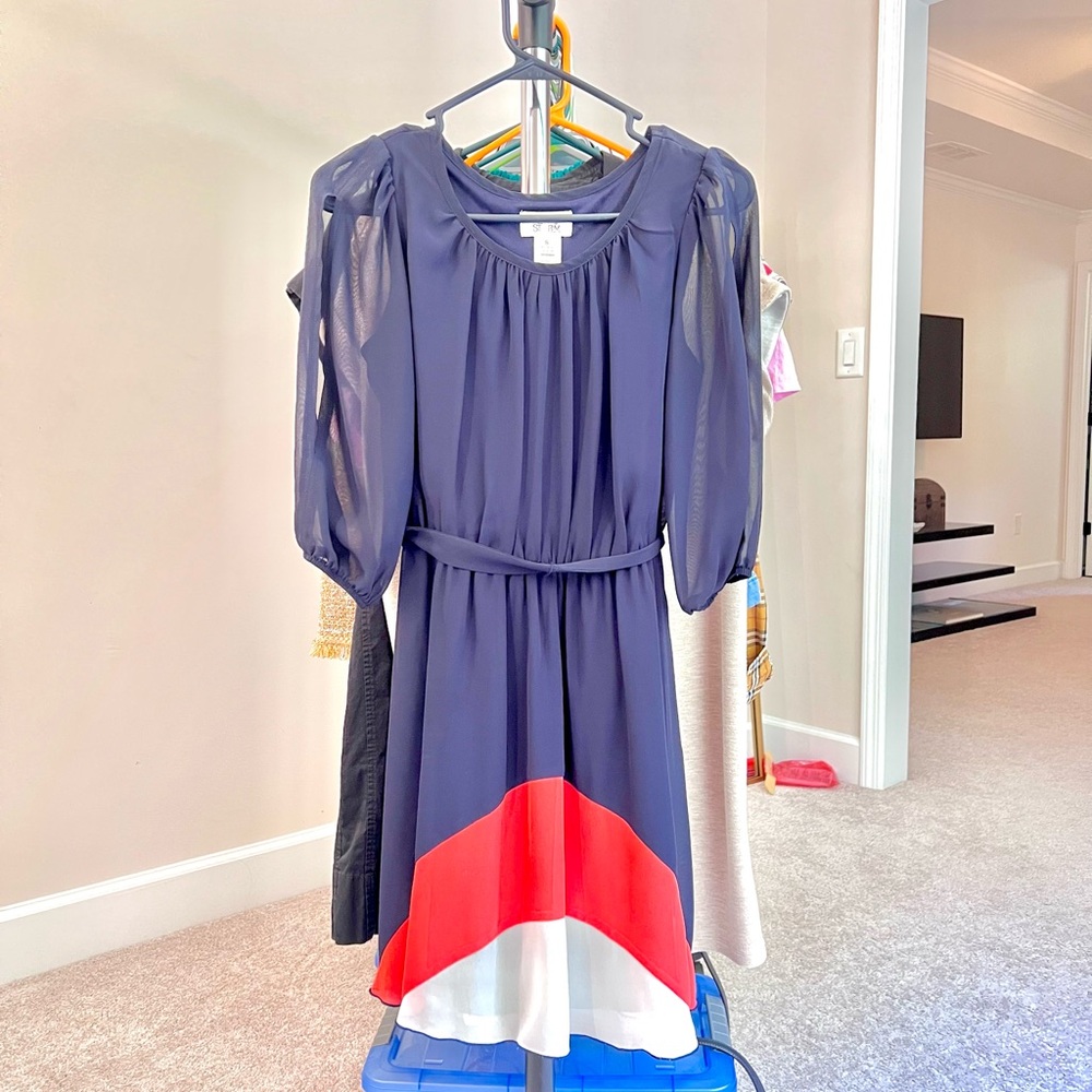 Navy Dress with Orange and White Accents